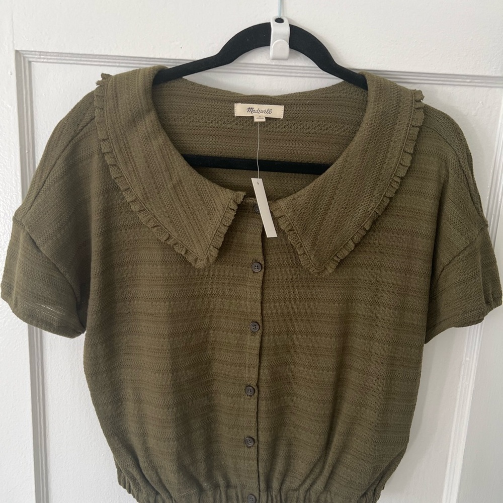 Madewell Textured Olive Blouse with Ruffled Collar